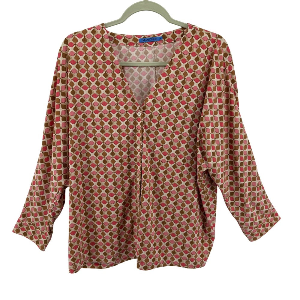 J.McLaughlin Womens XL Pink Brown Geometric Diamond V-Neck Long Sleeve Blouse